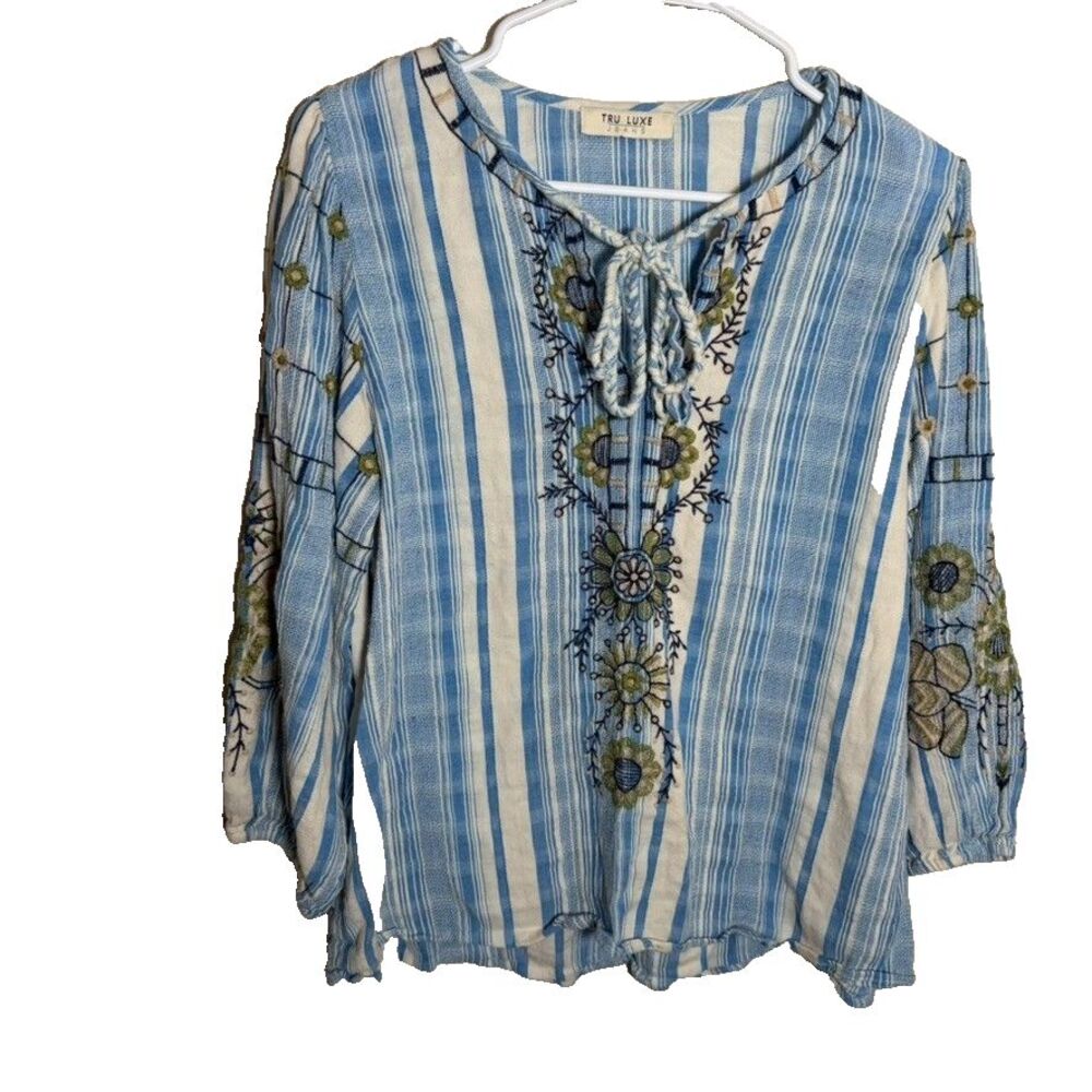 Tru Luxe Jeans Blouse Women's Medium Blue Striped V-Neck Embroidered Boho Top